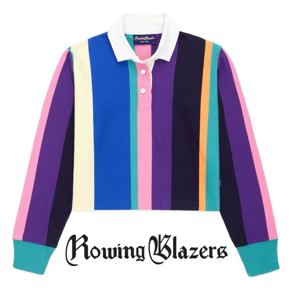 Rowing Blazers Tops - Rowing Blazers Cropped Vertical Stripe Rugby Shirt Collar Pink Blue Purple Green